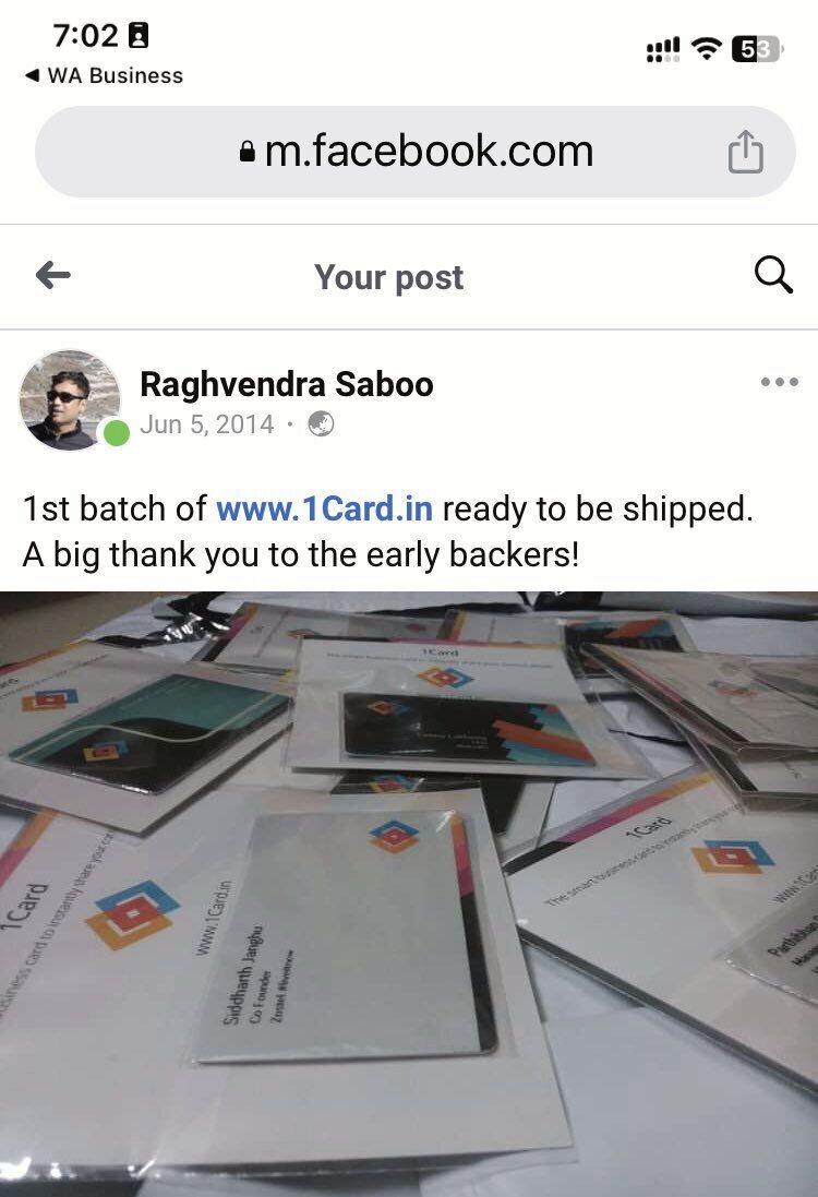 The original 2014 Facebook post announcing the first batch of 1Card business cards ready to ship