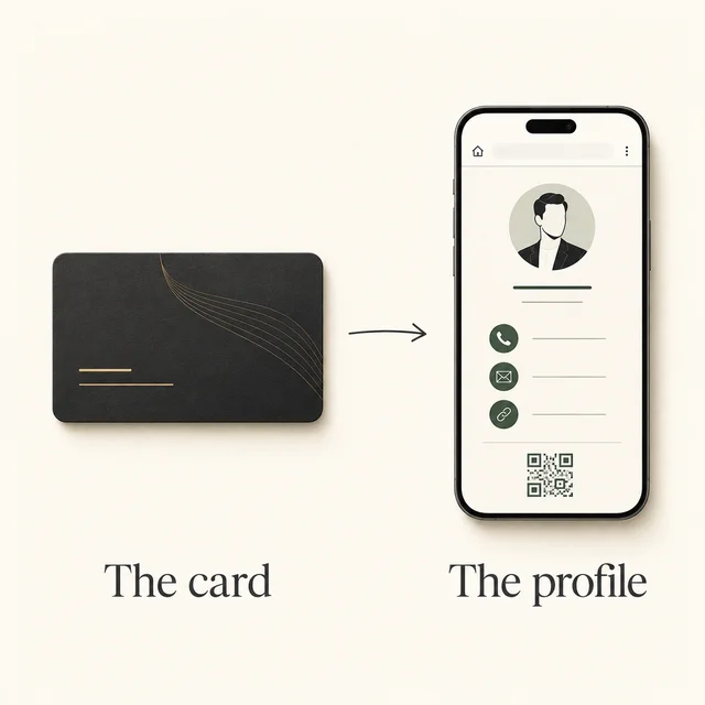 A physical business card points to a digital profile in a phone browser, showing the two separate parts of the solution.