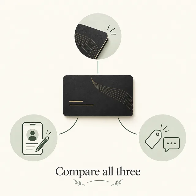 Three parts of a buying decision surround a business card: card material, editable profile, and price and support.