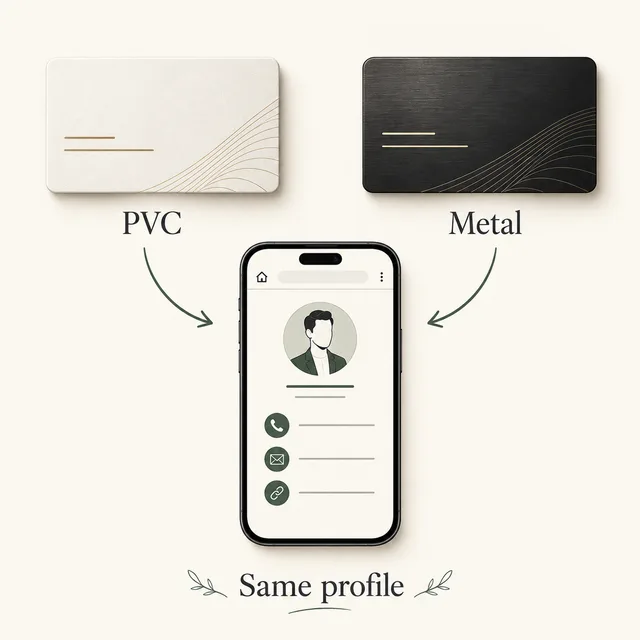 A printed PVC card and a brushed metal card each point to the same kind of editable digital profile.