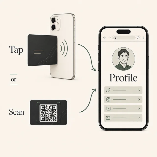 An NFC tap and a QR scan are alternative ways to open the same digital profile in a phone browser.