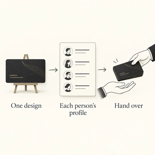 Three rollout stages: approve a shared card design, prepare individual employee profiles, then distribute the finished cards.