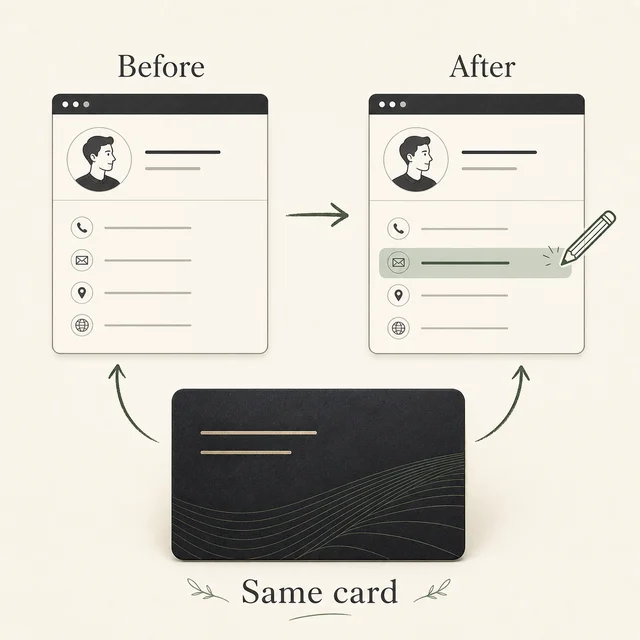 Before and after browser profiles show an edited contact field, while the physical business card stays unchanged.