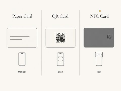 Paper, QR, and NFC business cards compared by how each shares contact details
